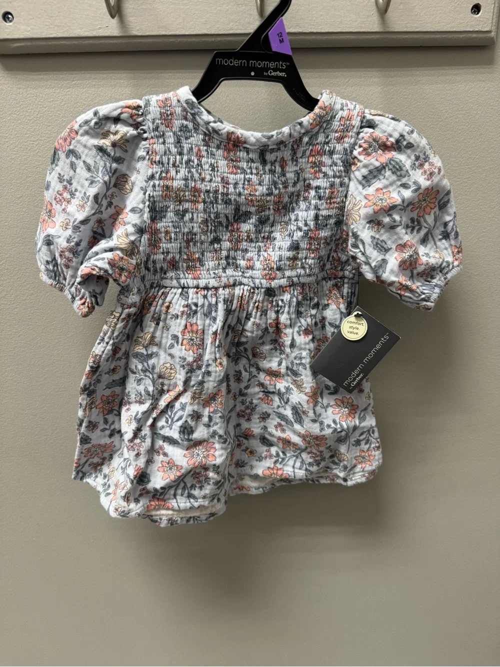 Gerber White Floral Smocked Puff Sleeve Dress with Pink and Gray Flowers